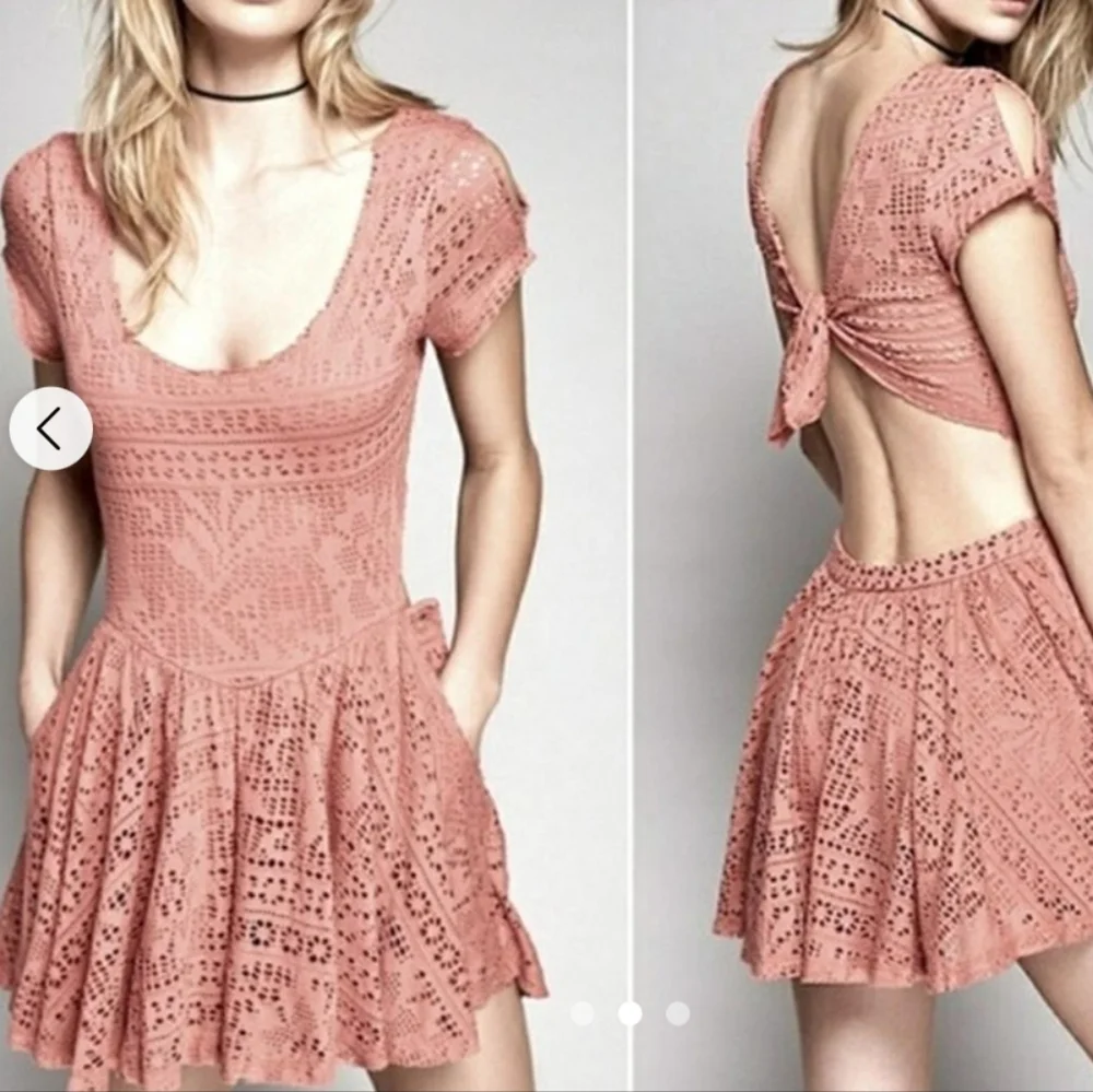 Free People pink lace dress tomper with POCKETS and tie back women's small - Picture 2 of 4